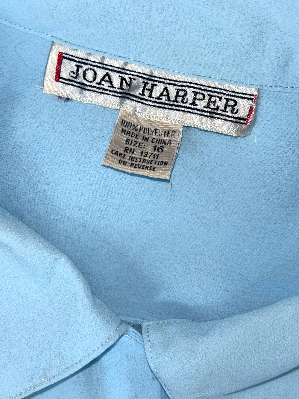 VTG Joan Harper Women Size 16 Button Up Long Sleeve Chiffon Top Baby Blue Pleats
