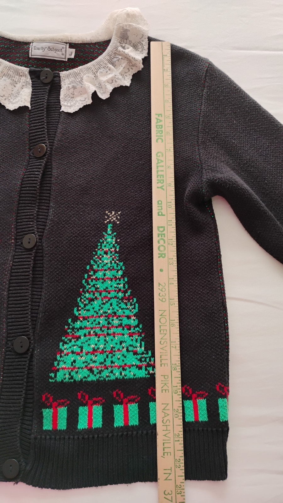 Vtg Christmas Cardigan Sweater Women’s Lace Collar Cottagecore USA L Holiday