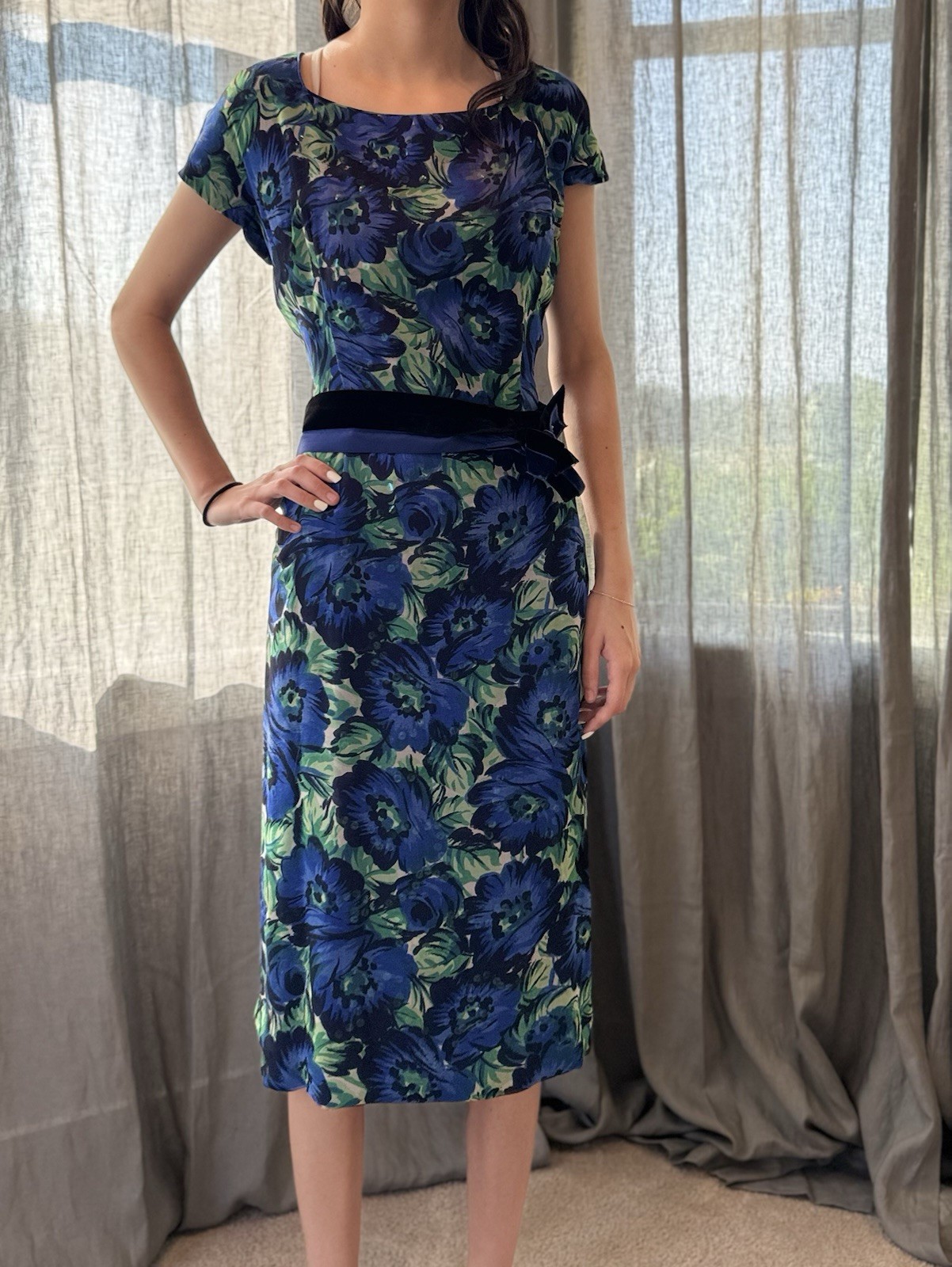 1960s Vintage Silk Chiffon Party DRESS Blue/Green Floral Lined Taffeta M Sequin