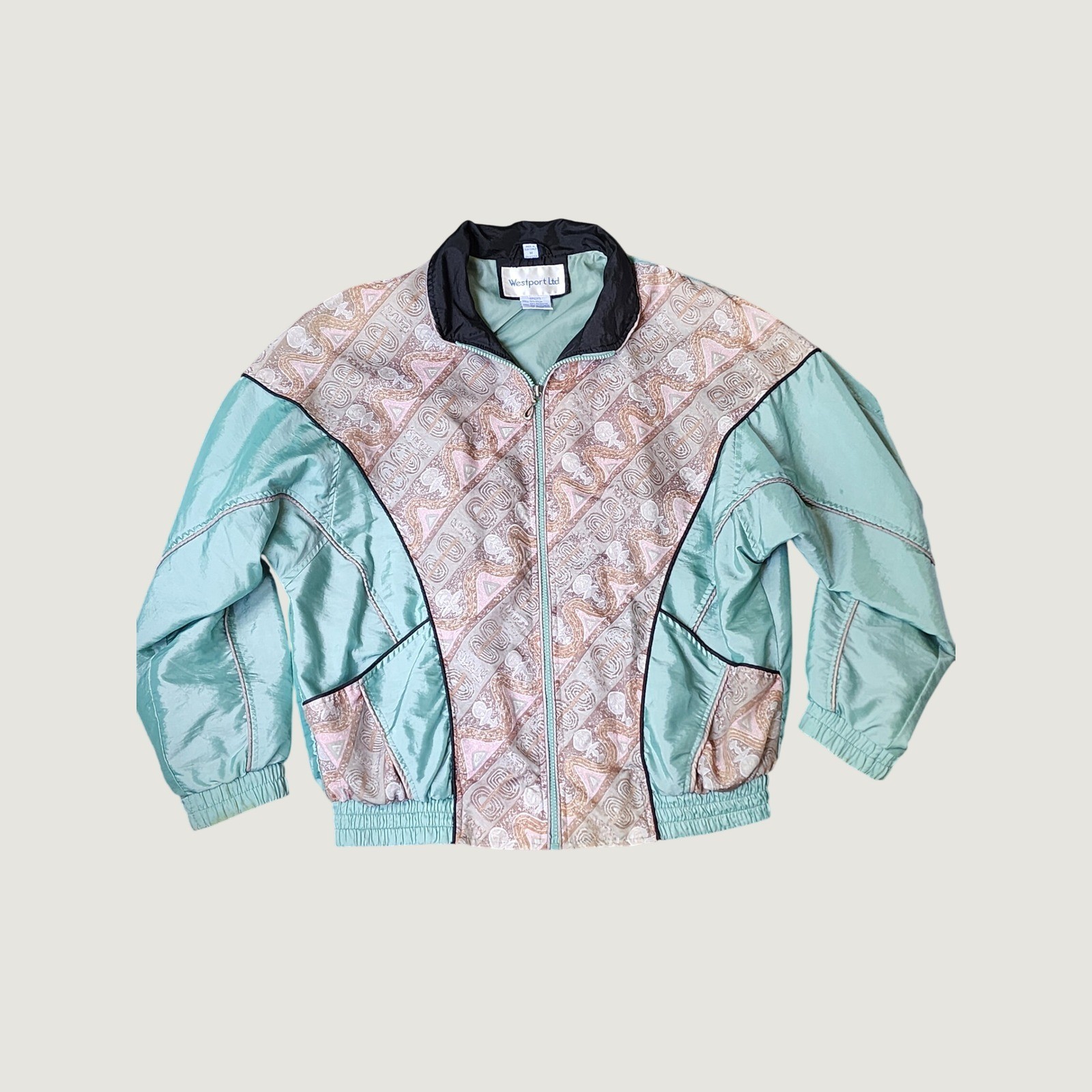 Vintage 90s Westport Ltd Windbreaker Jacket Pastel Teal Geometric Women M
