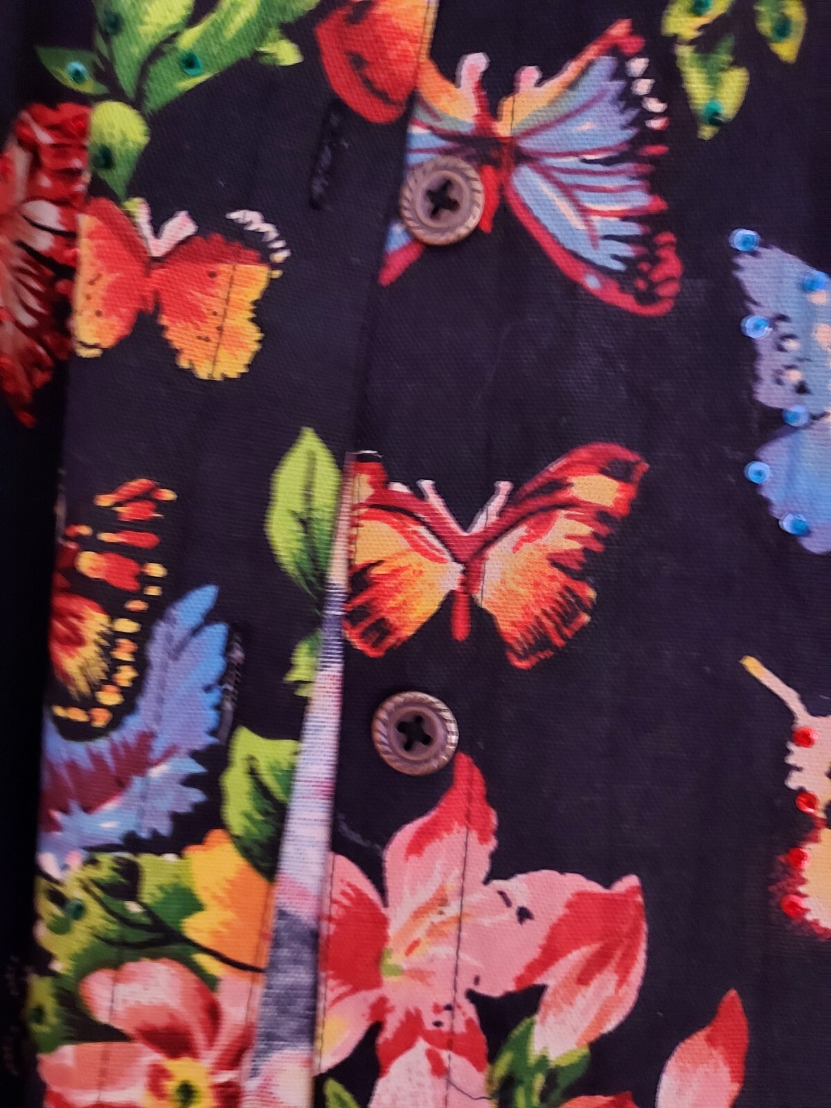 Vintage Take Two Cotton Black Canvas floral butterflys sequin jacket size small