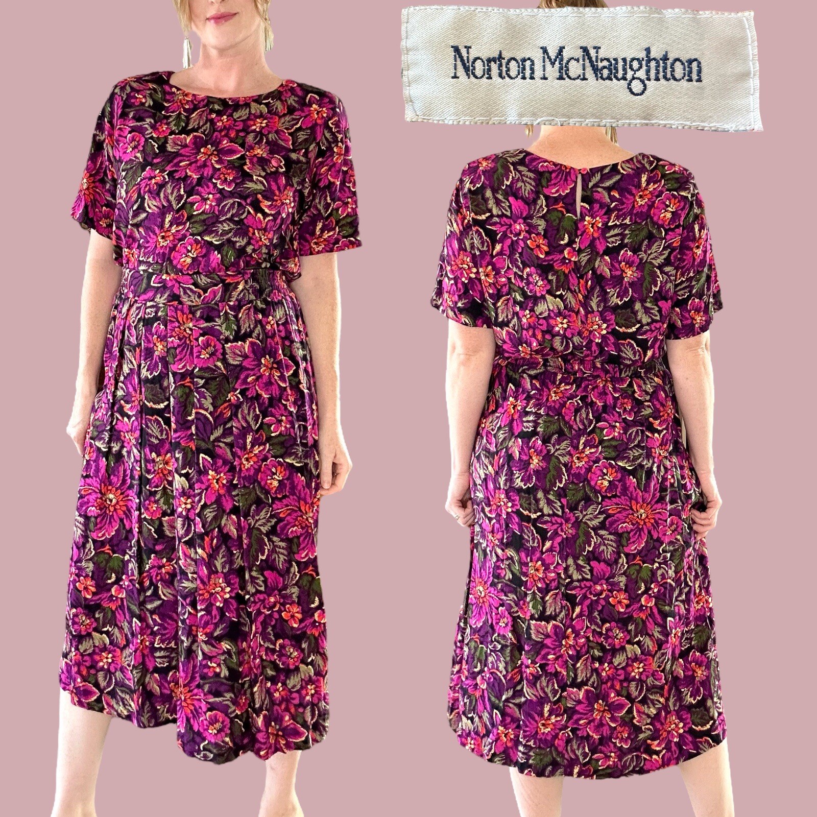 VTG 80’S NORTON MCNAUGHTON 2PC SKIRT + BLOUSE DRESS SET VIBRANT FLORAL L 32-35″W
