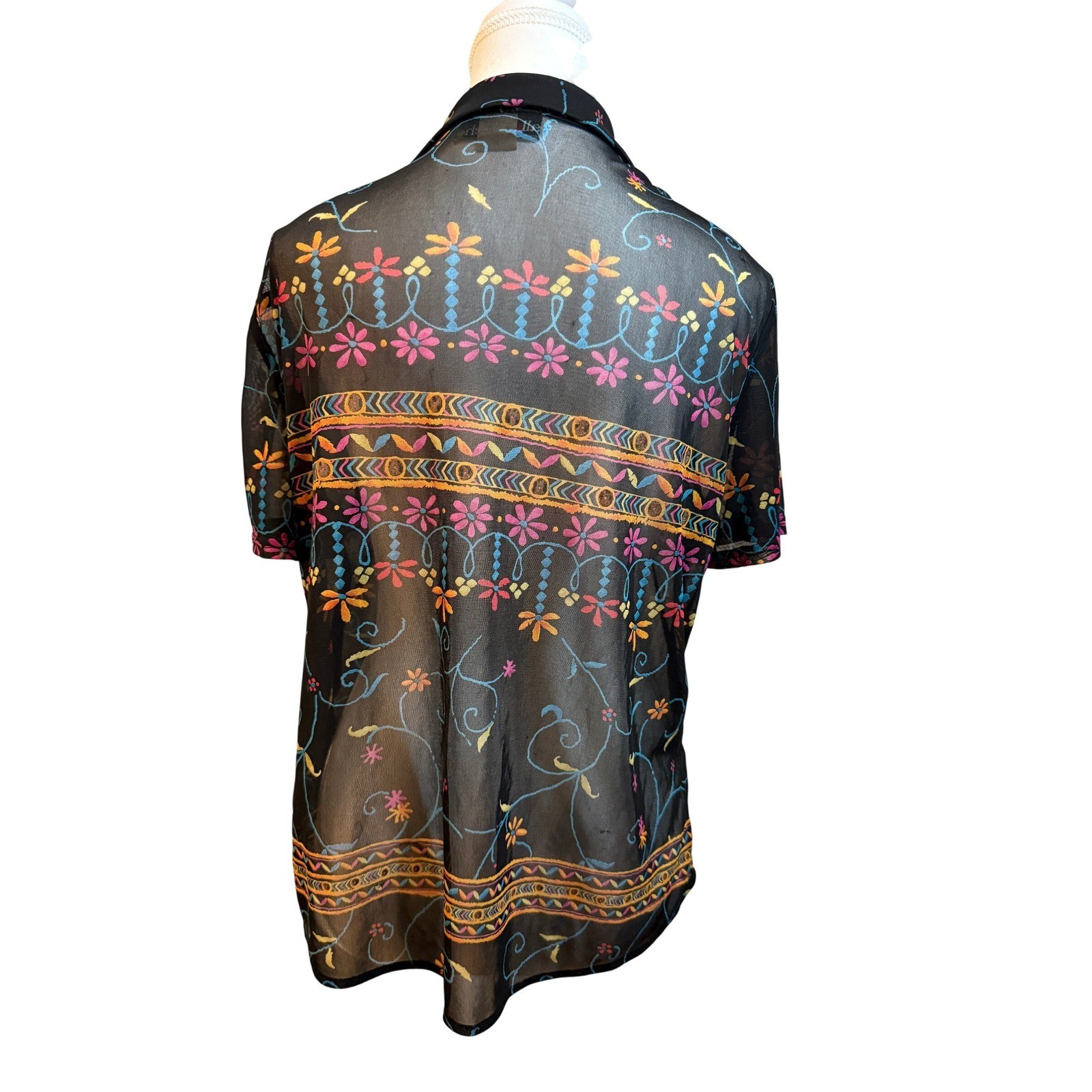 Allison-Che Vintage Button Up Blouse Women Size 12 Black Multi Color Sheer