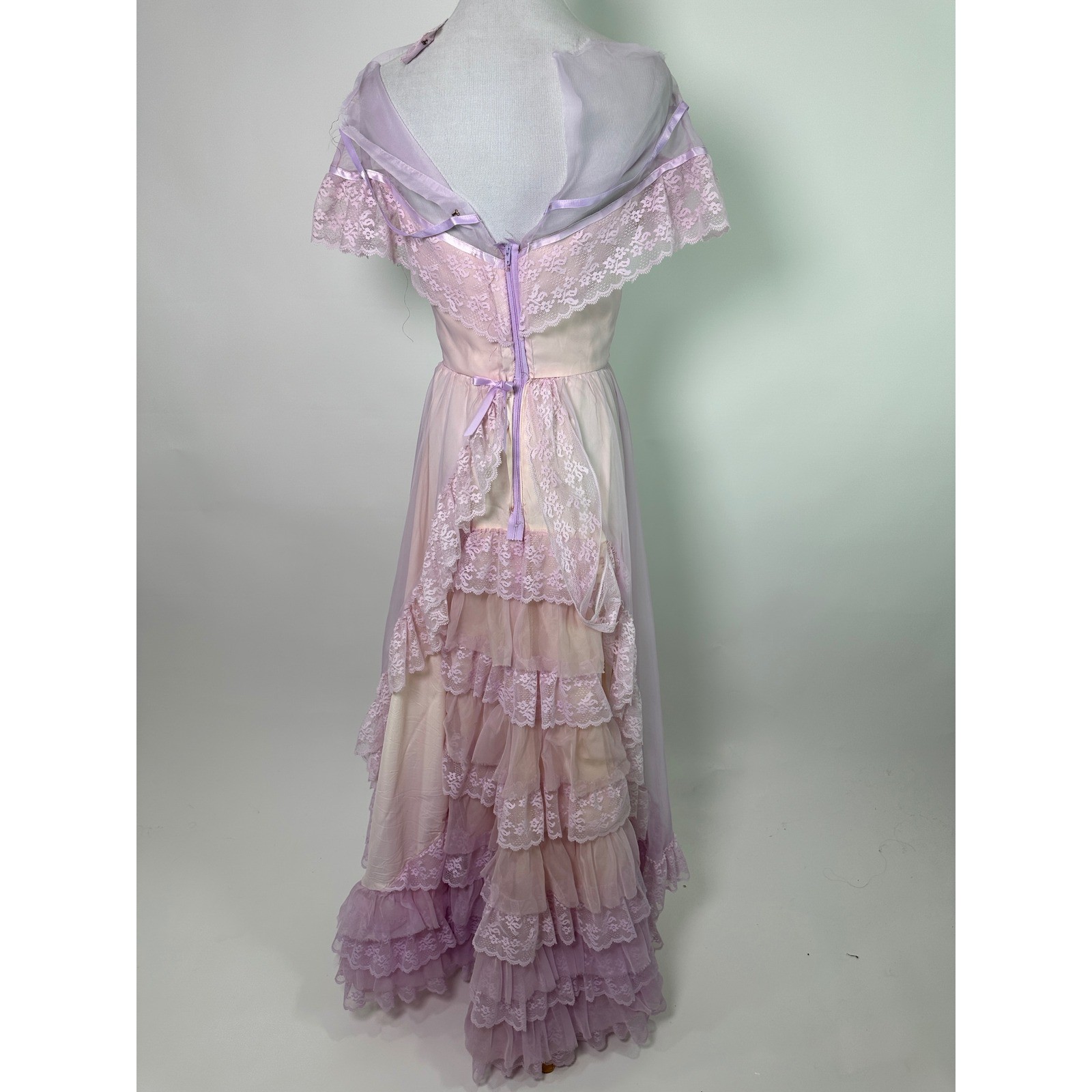 Vintage 70s Lilac Prairie Cottagecore Cupcake Dress Tulle Lace Boho Maxi Gown