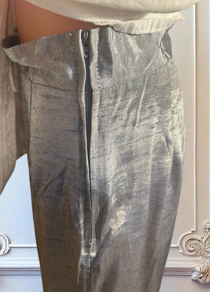 Vtg 80s Skirt Silk Blend Midi High Waist Pleats GLAM Silver Metallic Slub 27W S