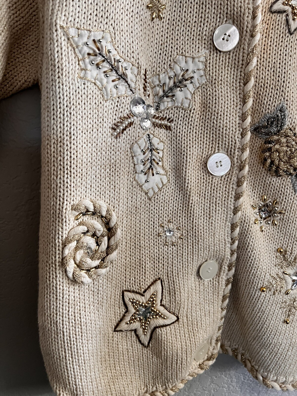 Vintage IB Diffusion Cream Gold Embroidered Bead Sweater Holiday Cardigan – LG