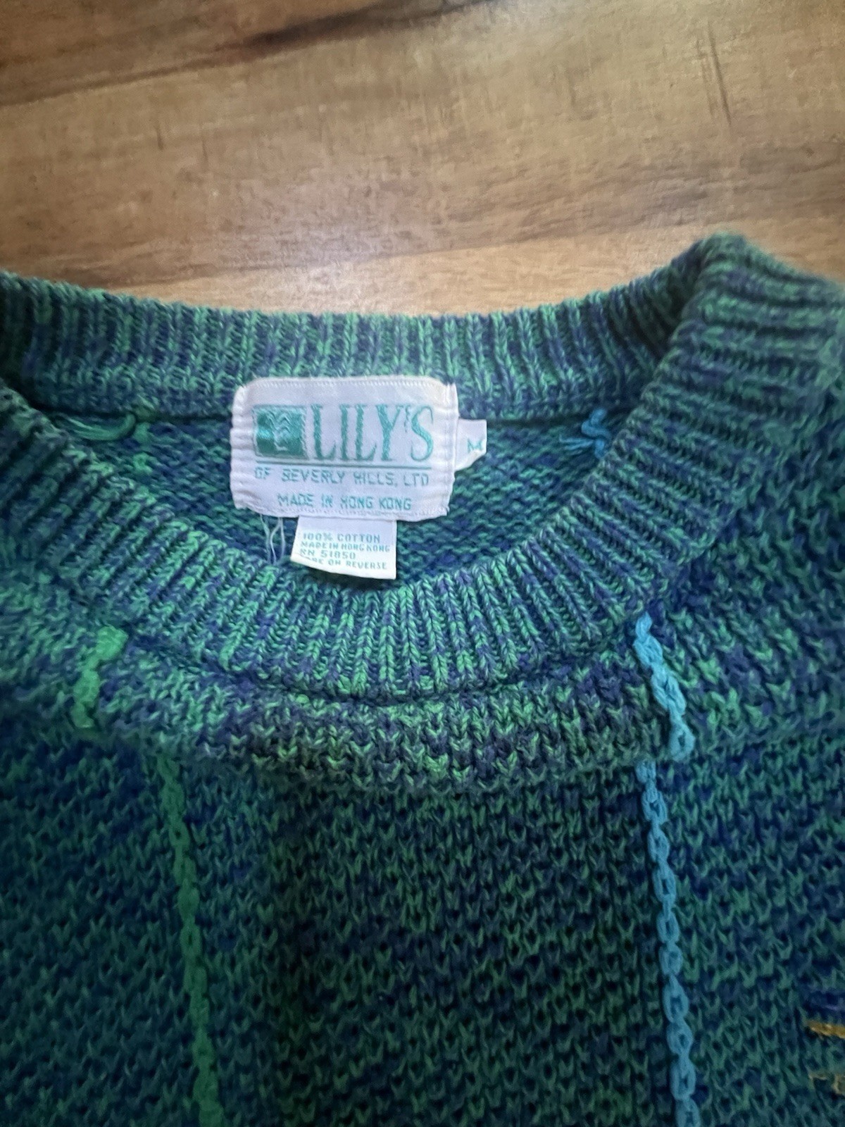 VTG Lily’s Of Beverly Hills Cotton Knit Sweater blue Green Pebble Beach