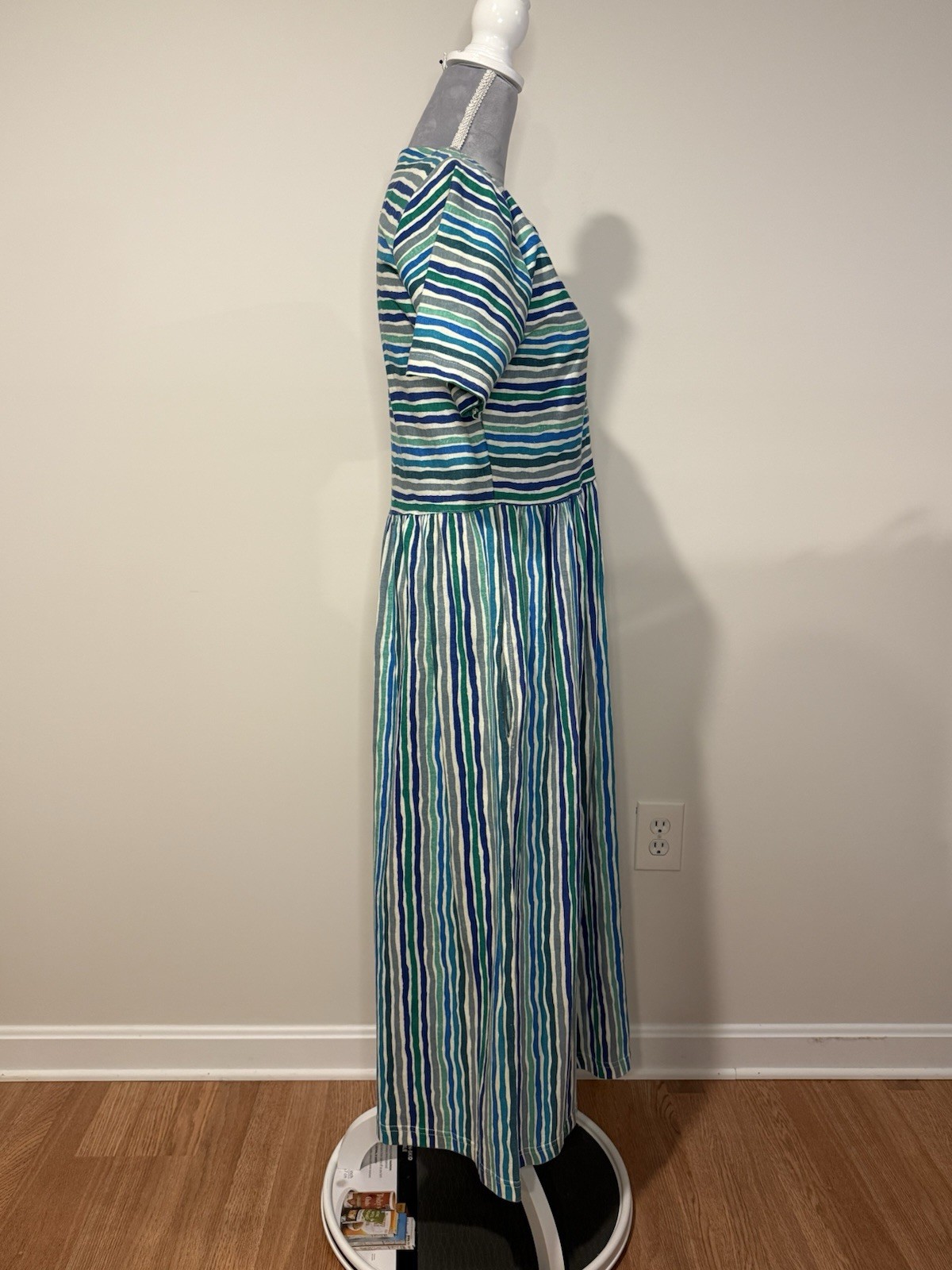 FADS Vintage 80s 90s Blue Striped Cotton Boxy Dress Sz M Cottagecore Modest