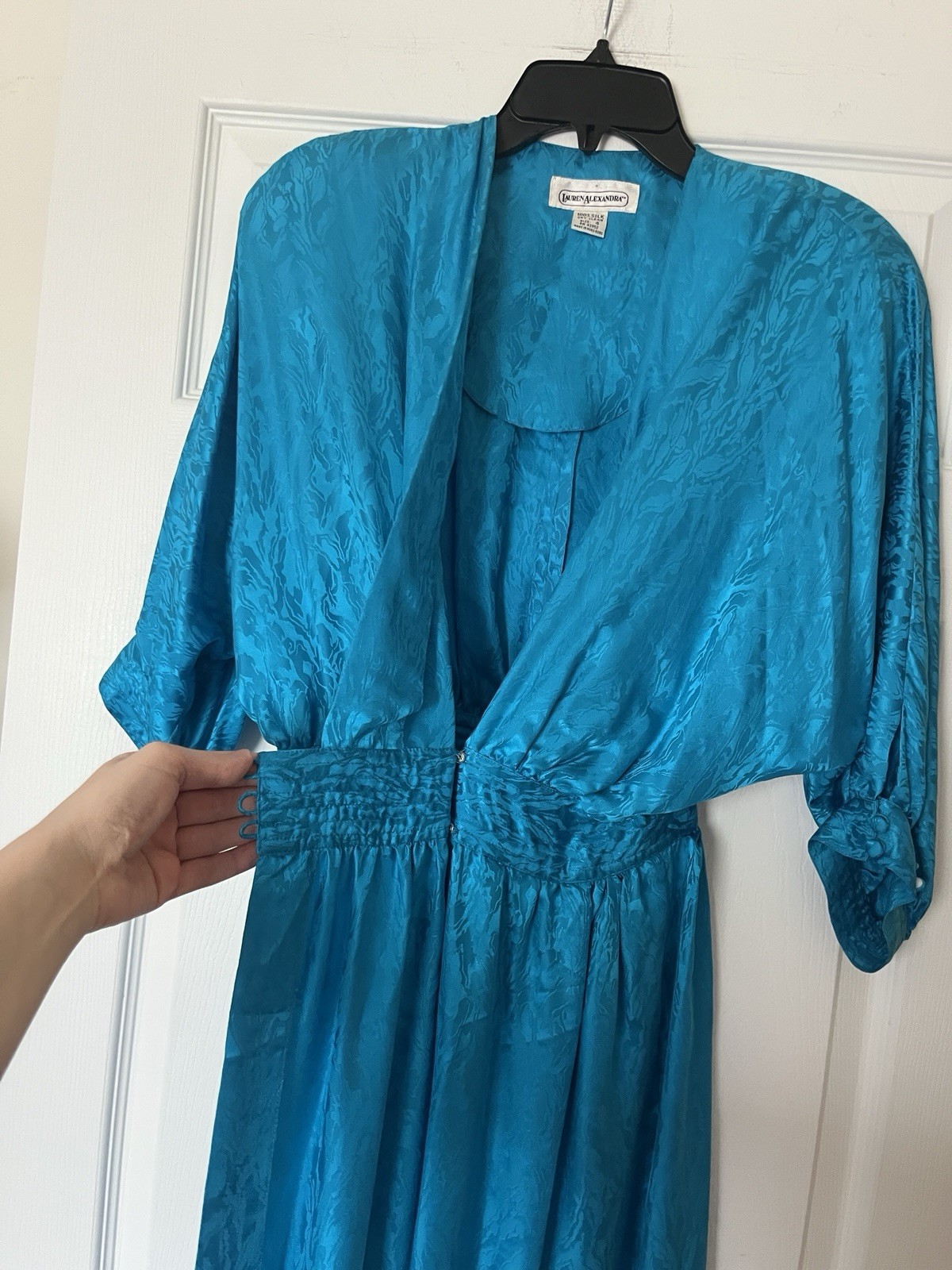 1980s Teal 100% Silk Wrap Midi Dress by Lauren Alexandra Vintage 4 approx XXS 00