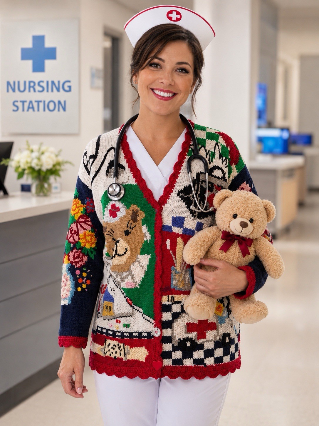 Vintage 1995 Eagle’s Eye Hand Knitted Hospital Nurse Teddy Care Sweater Sz S