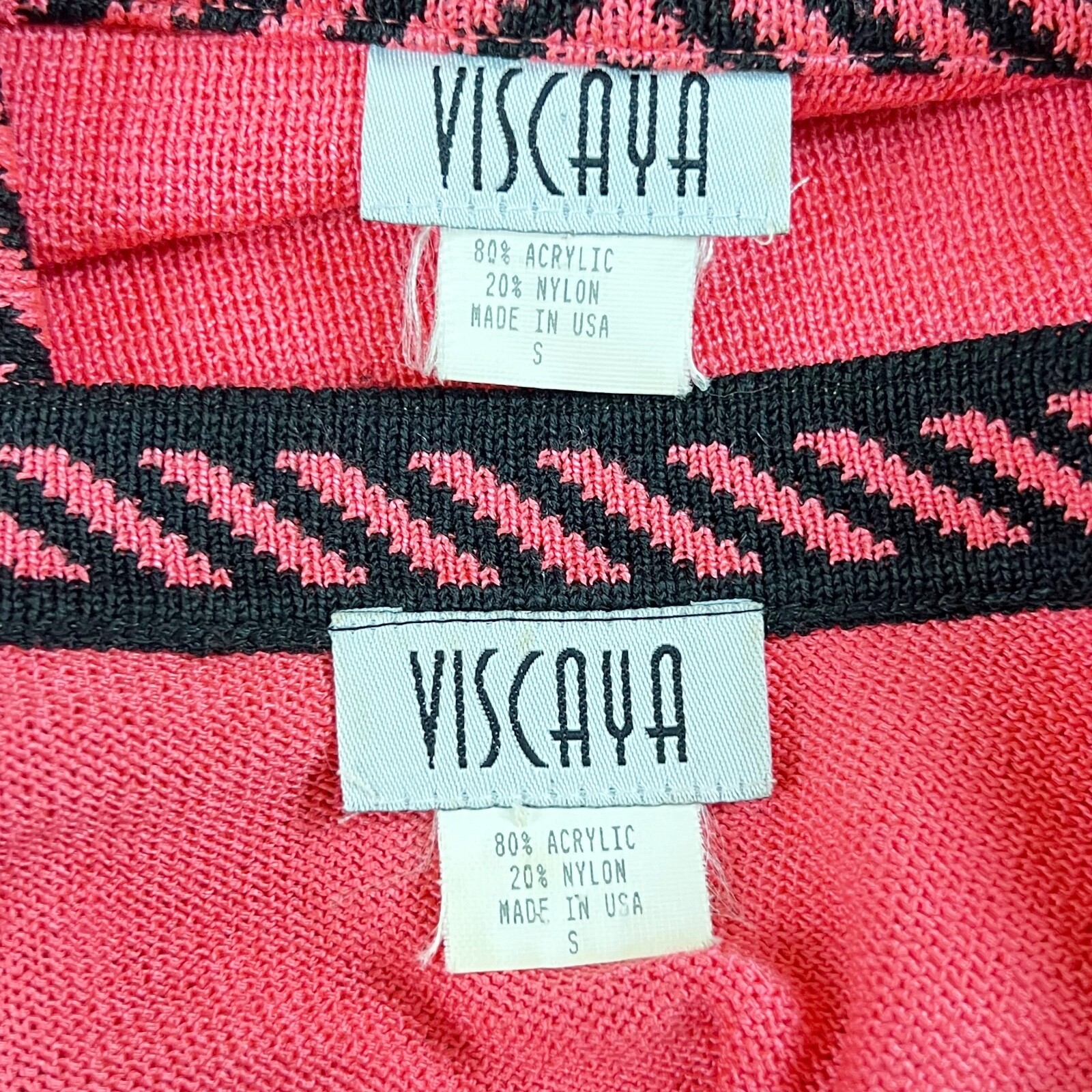 Vtg Viscaya 2pc Knit Tank + Open Cardigan Set Collared Coral w Black Stripe Trim