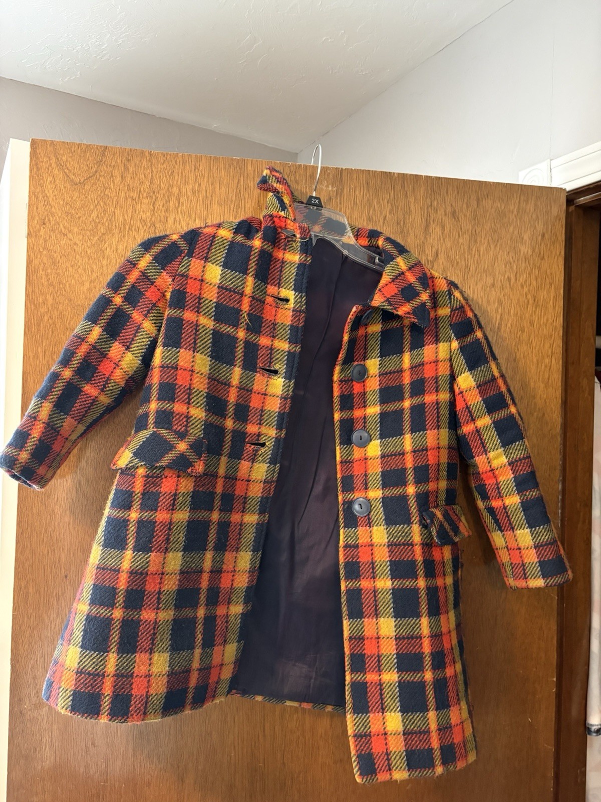Vintage 60s 70s Plaid Wool Coat Red Yellow Navy Mod Girls XL Womens Small? READ