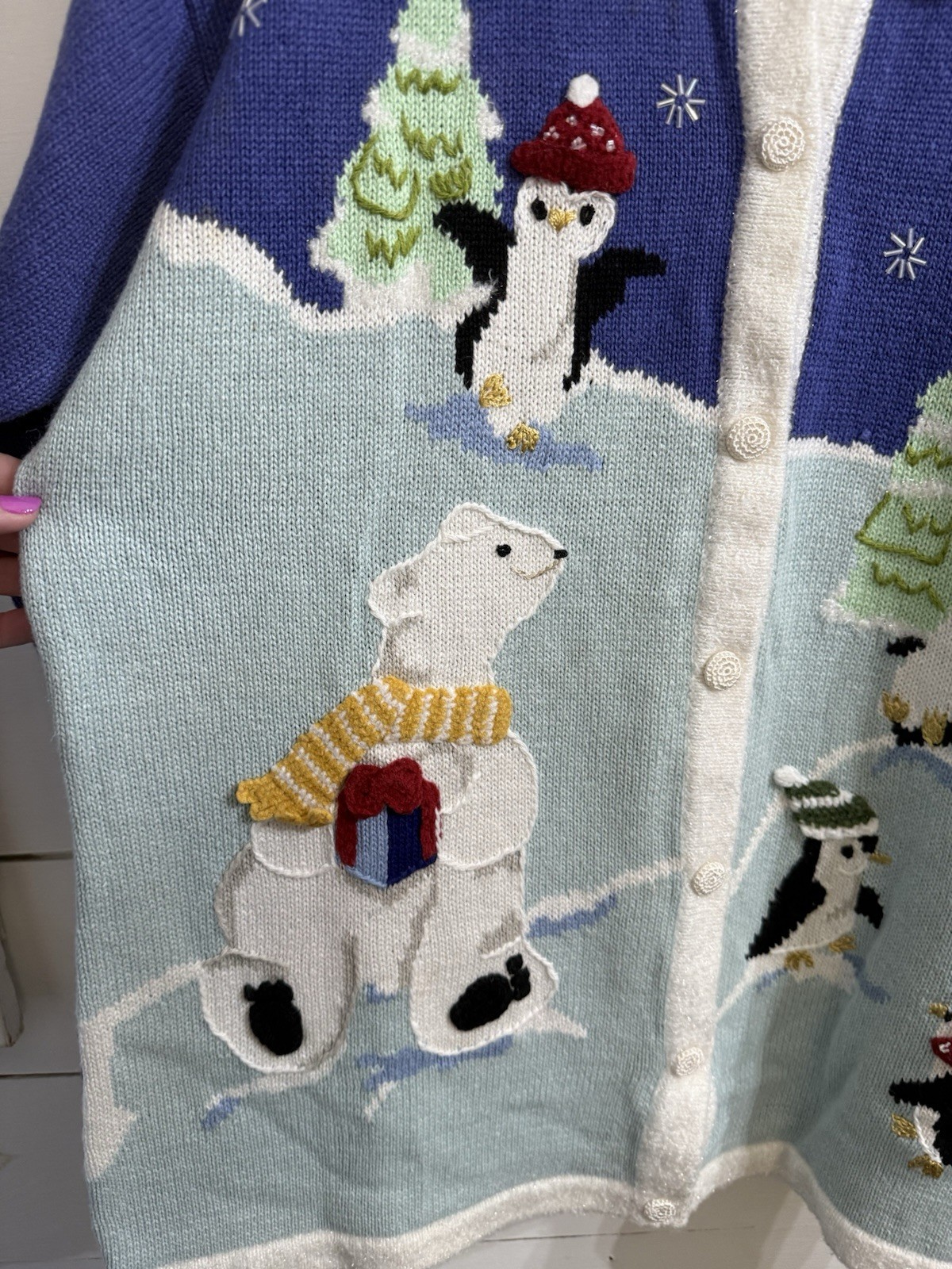 NWT Storybook Knits Winter Polar Bear Penguin Theme Knit Button Up Sweater Large