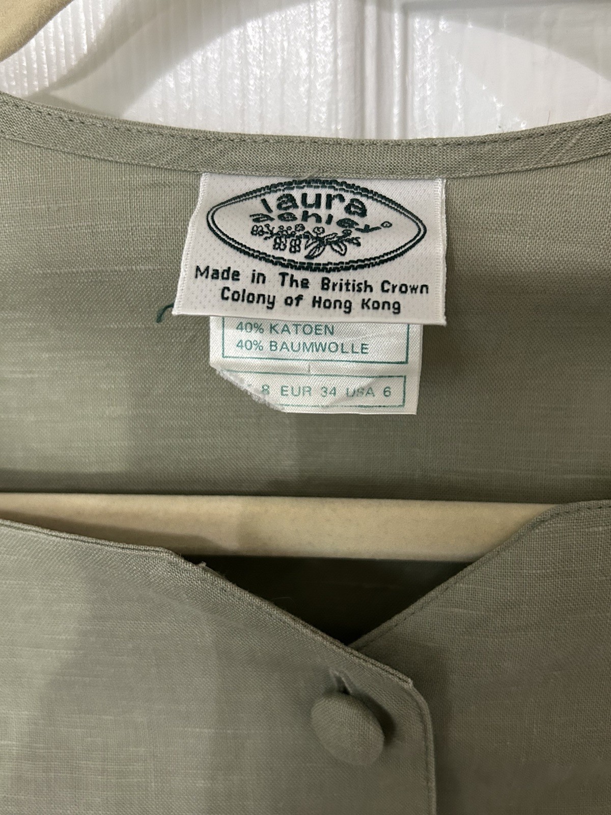 Vintage Laura Ashley Sage Green Linen Cotton Blend Pleated Dress