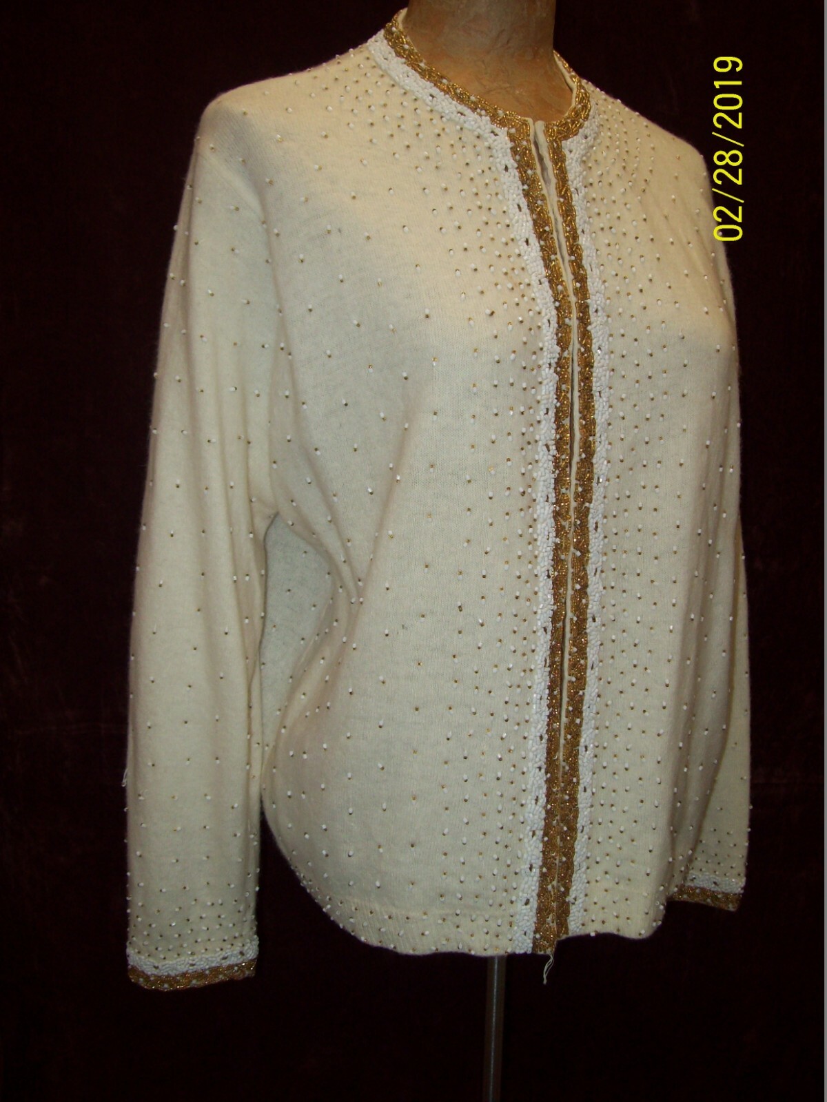 Vintage 1940’s 50’s White Wool Cashmere Pearl & Gold Beaded Sweater Medium