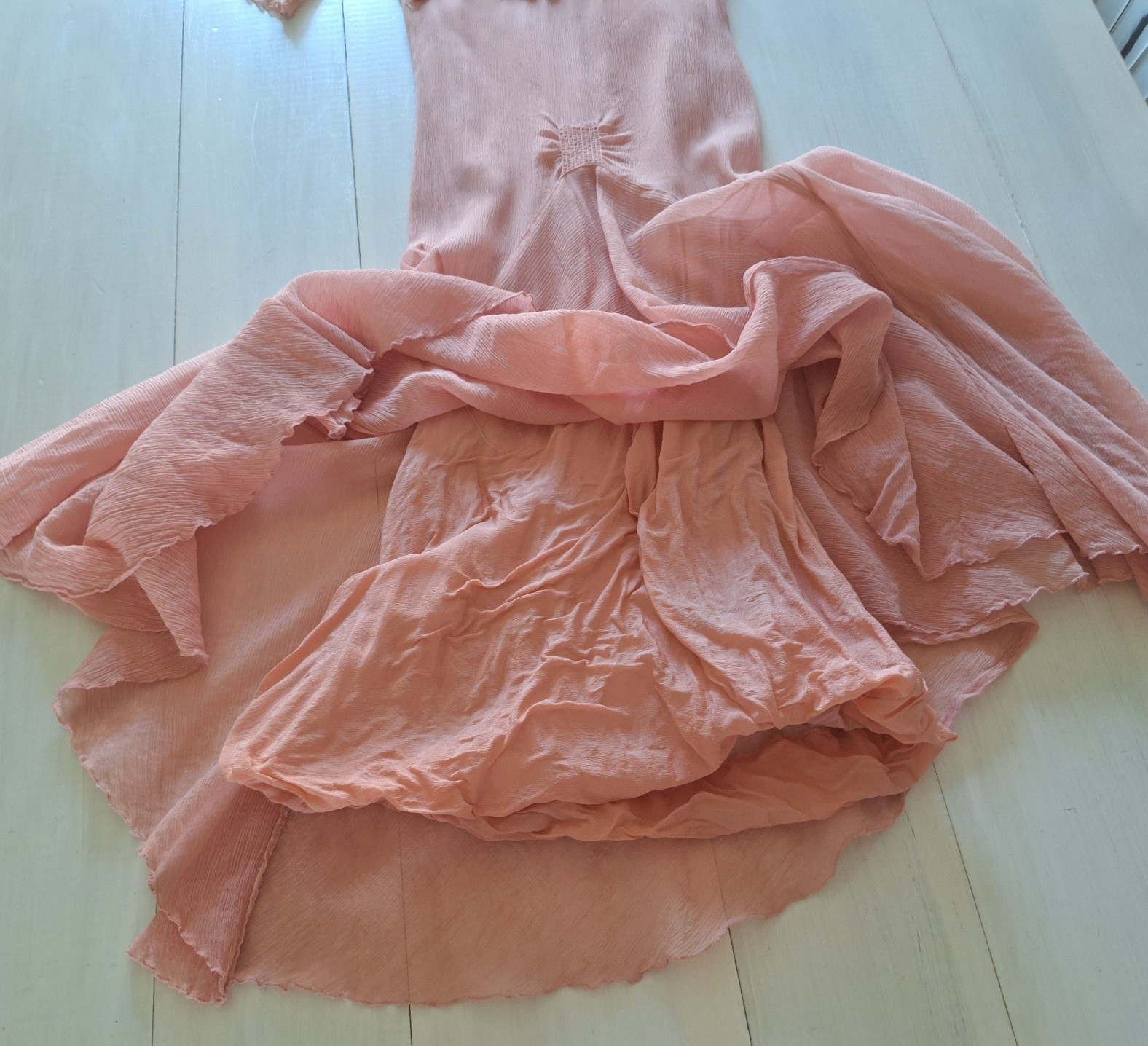 Antique 1930s Peach Chiffon Dress Rosette Trim Flutter Sleeve AS IS Art Deco