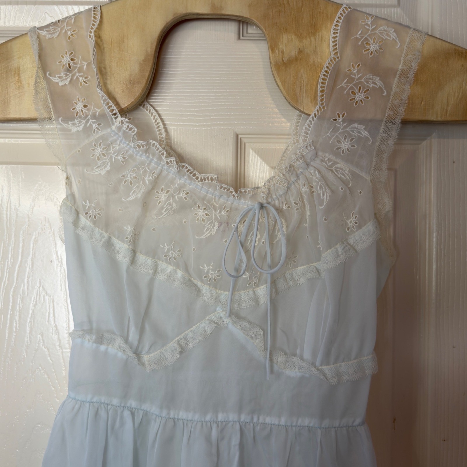 Vintage Godfried Blue Nylon Peignoir Set Embroidered Sheer Maxi Sz 34 Ethereal