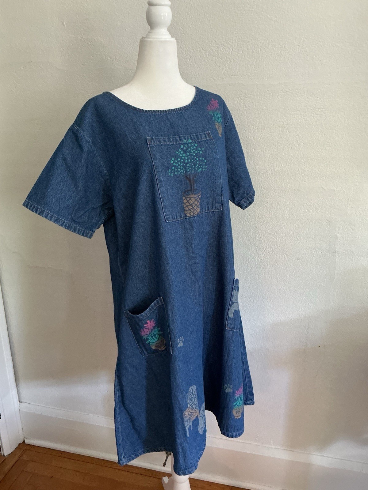 Vintage Rama USA Denim Dress Pockets Smock Hand Painted Cats Plants Comfy Boho L