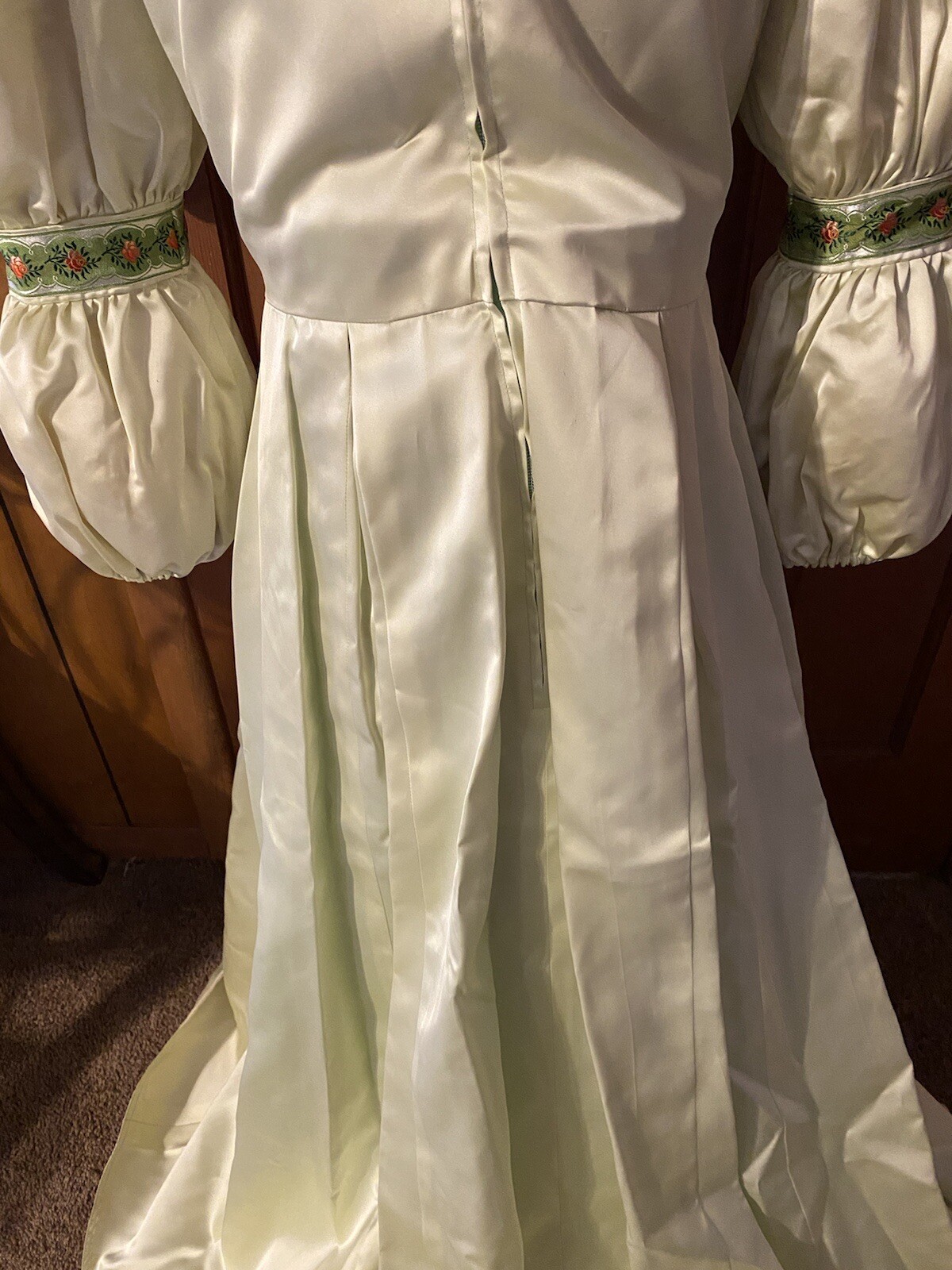 VTG 80s Mint Green Bridesmaid Dress Long Puff Sleeve Taffeta Prairie Cottage