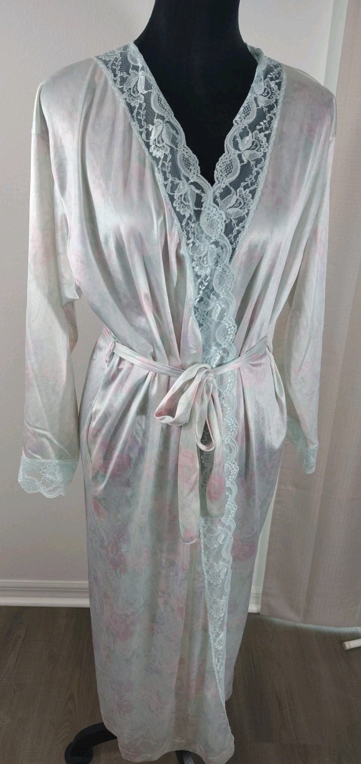 Vtg 70s 80s Lorraine Maxi Robe M Pastel Floral Antron III Nylon Lace Trim USA