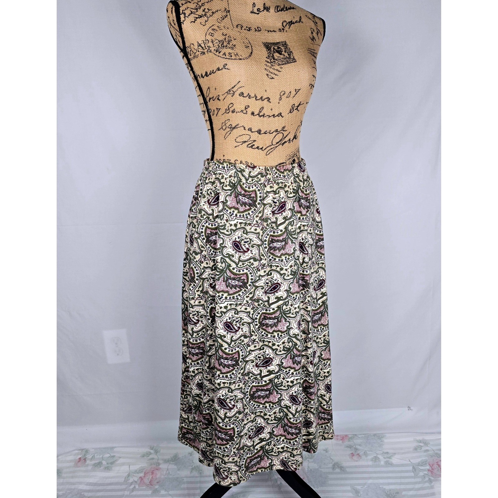 Vintage Van Heusen for Her Paisley Maxi Skirt Cotton Elastic Waist Green Large