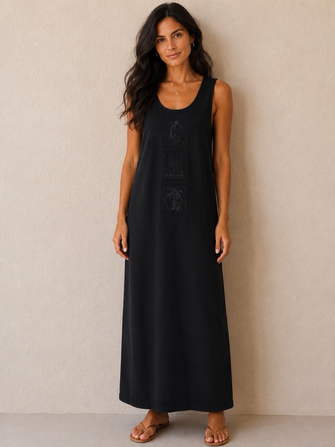 Cactus California Black Sleeveless Maxi Dress Cottagecore Art To Wear Vintage XL