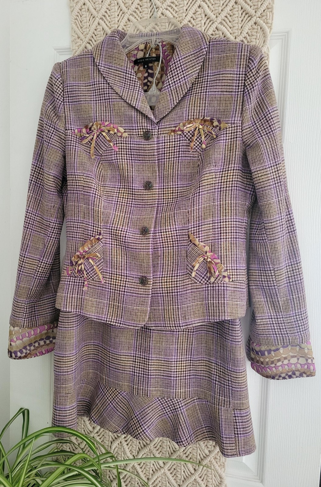 Vintage David Meister Plaid Skirt Suit — Wool Blend, Silk – Size 8