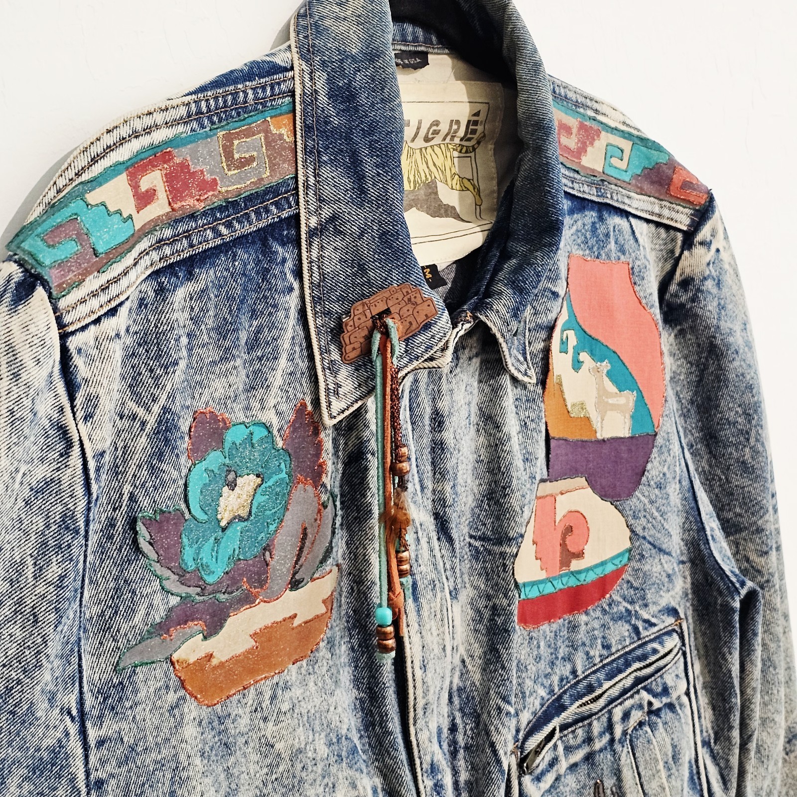 Vintage 80s Denim Jean Jacket Size M Acid Washed Southwestern Aztec Made In USA