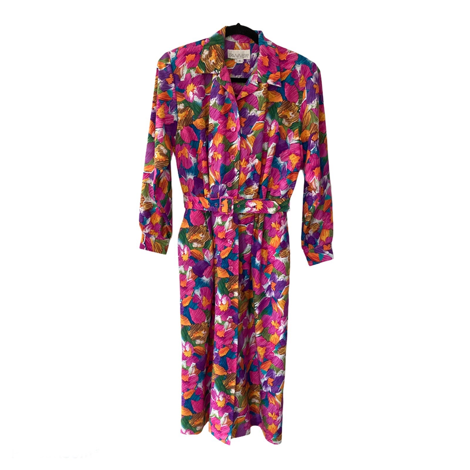 Vintage Tanner Shirtdress Size 4 Pink Orange Green Belted Shoulder Pads Pockets