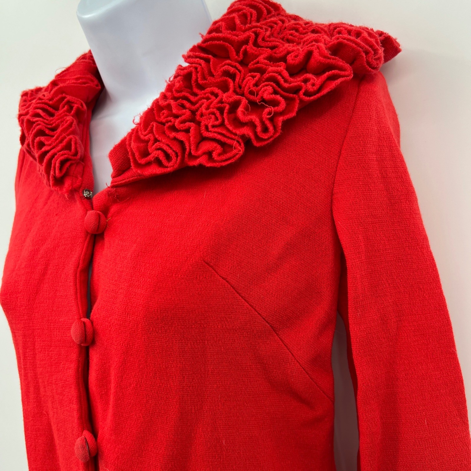 Vintage 60s Lipstick Red Dress Ruffled Collar Cuffs Abella Paris Size M Pinup