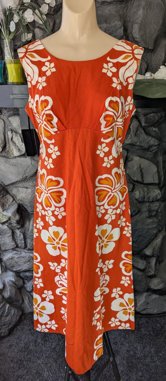 VTG 1960’s Sears Hawaiian Fashions Aloha Orange Barkcloth Floral Midi Dress Med