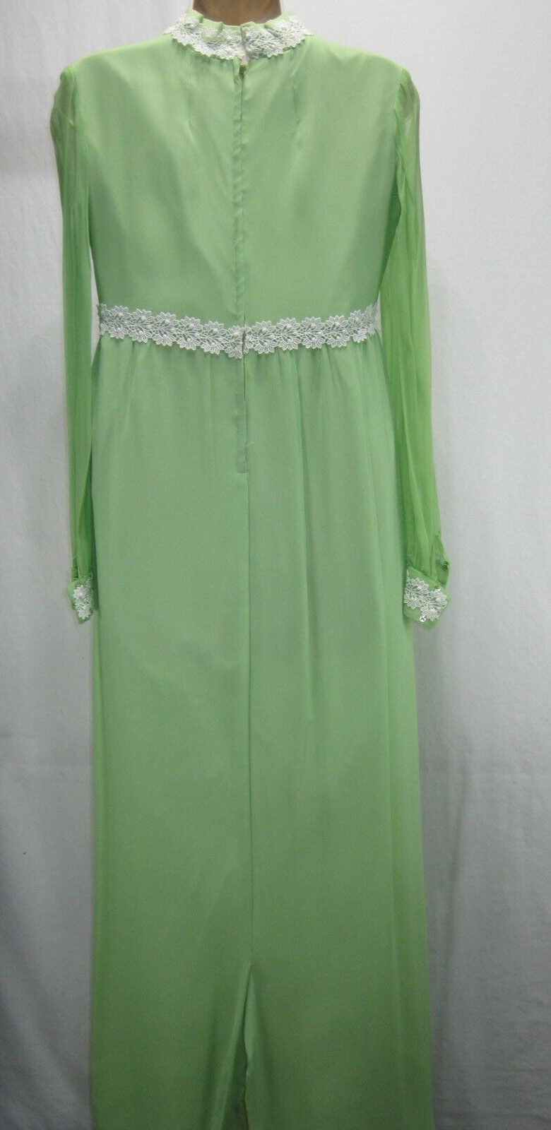 Vtg 60s 70s MOD Green MAXI PROM DRESS Chiffon BOHO Bishop Sleeves EMPIRE Sz 8