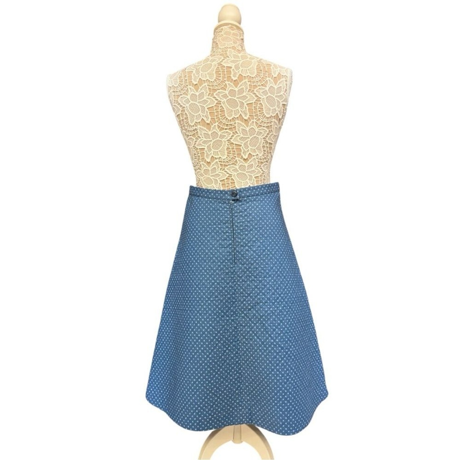 Vintage 70s Blue Quilted A-Line Skirt Handmade Medium fit Polka Dot Cute Retro