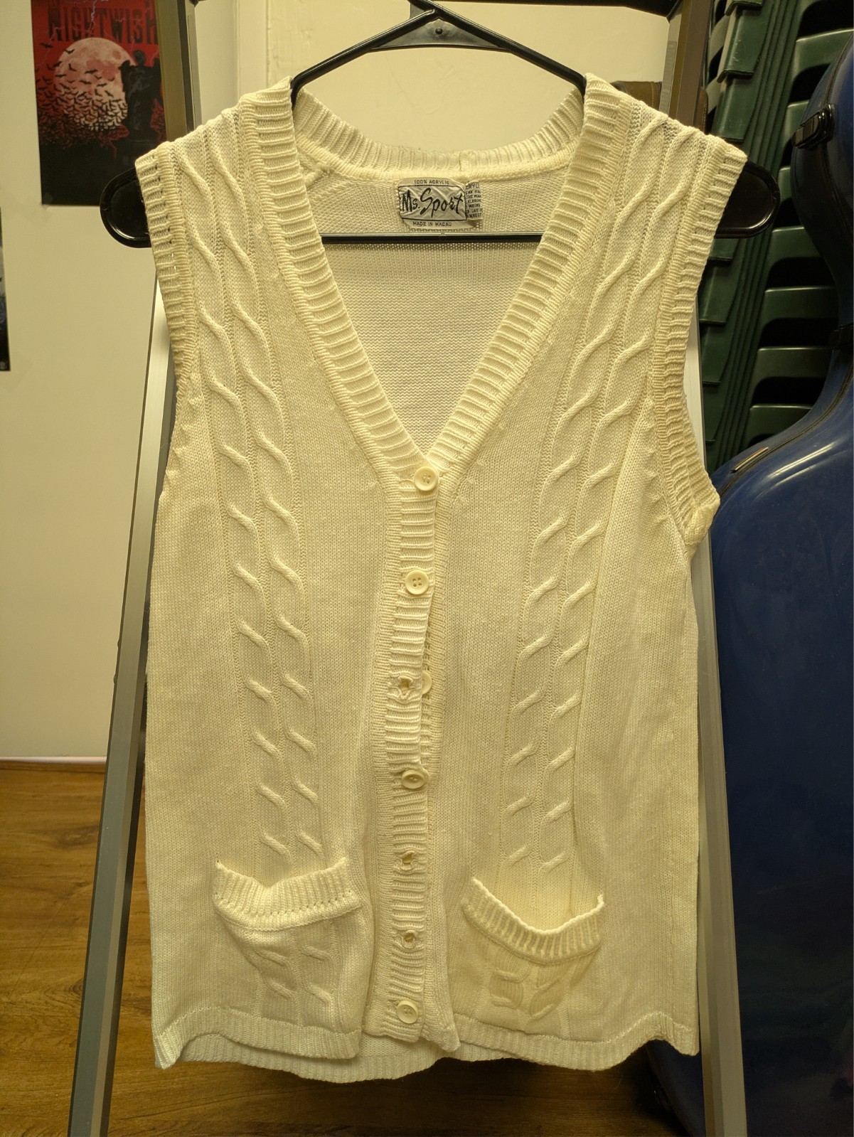VTG Sears Sweater Cream Ivory Cable Knit Shawl Fisherman Cardigan Women Large 80