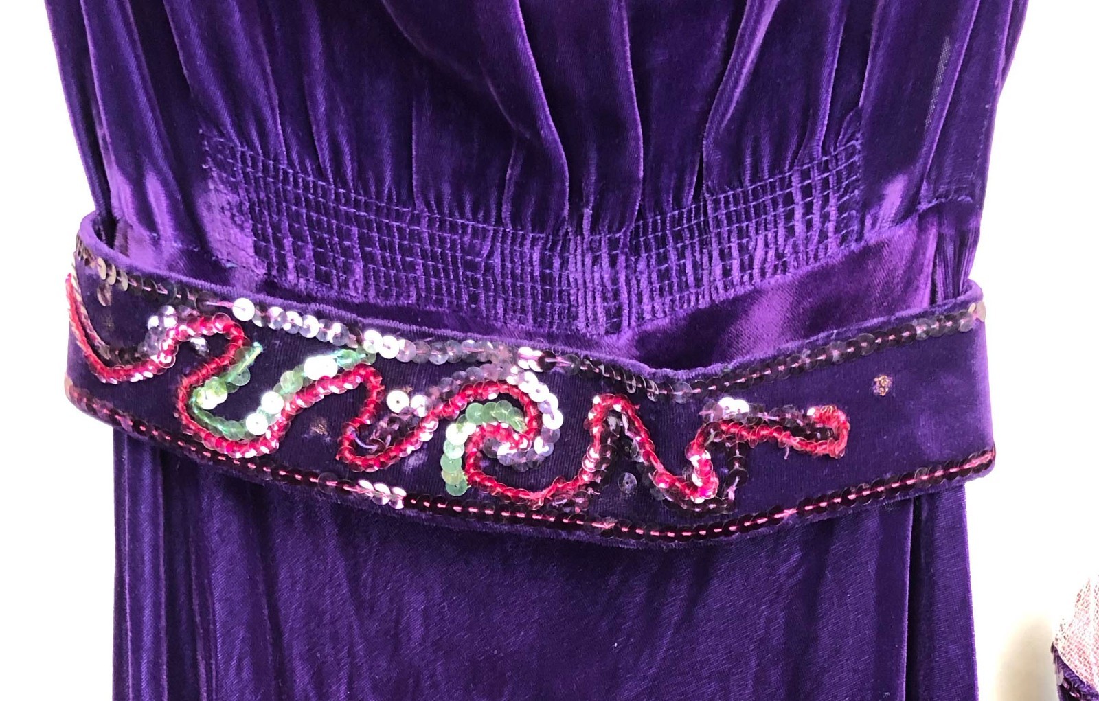 1910’s 1920’s 1930’s Purple Velvet Midi Dress with Sequins, Mesh Sleeves