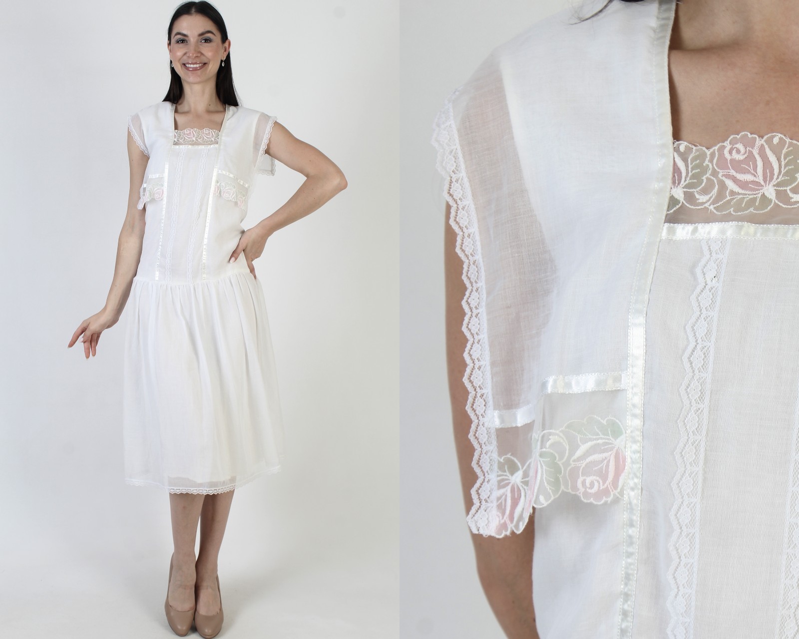 Vtg 80s Gunne Sax Dress Wht Jessica McClintock Deco Flapper Drop Waist Boho Gown