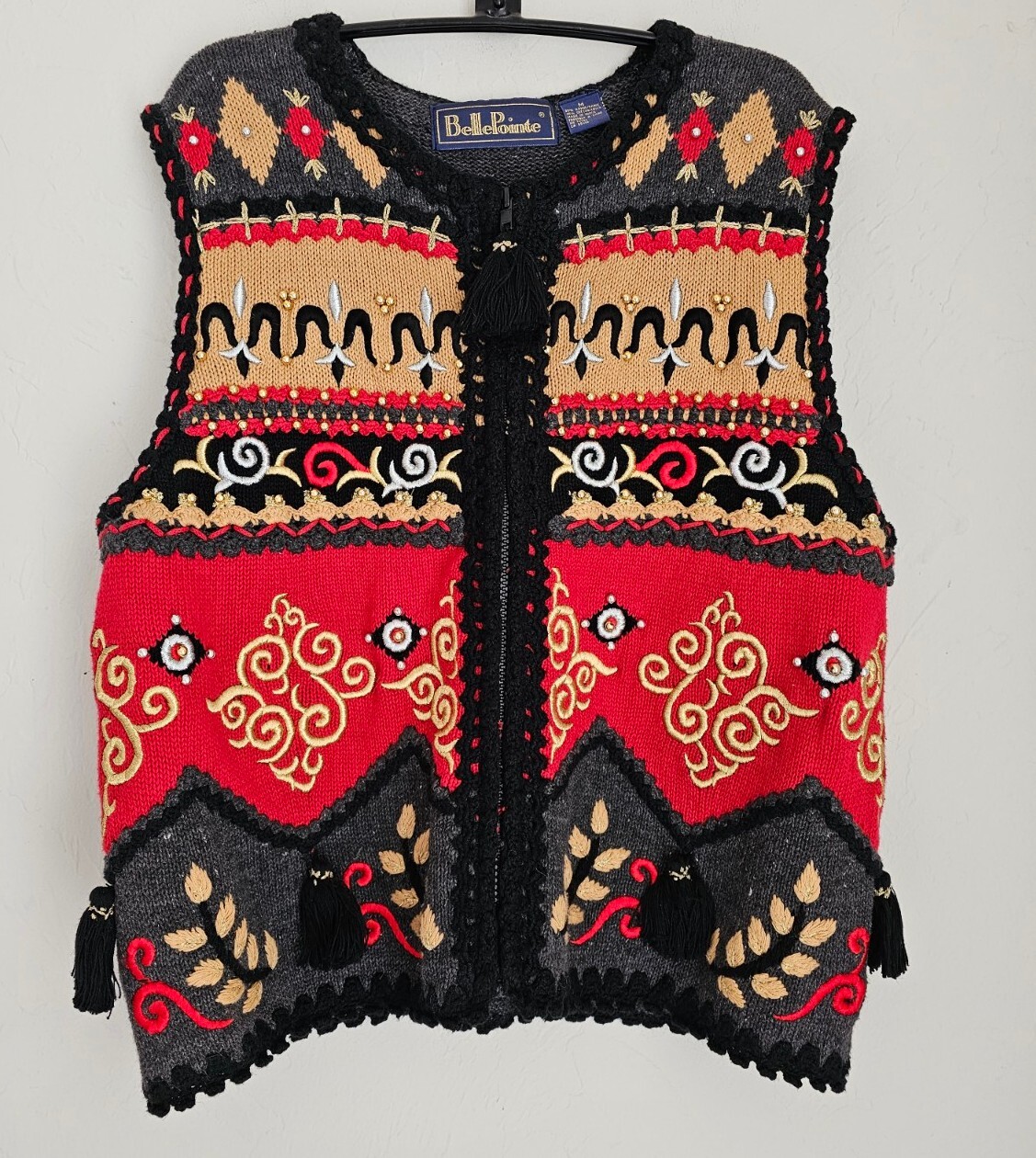 Vintage Belle Pointe Sweater Vest Full Zip Detailed Embroidered Beaded Sz M