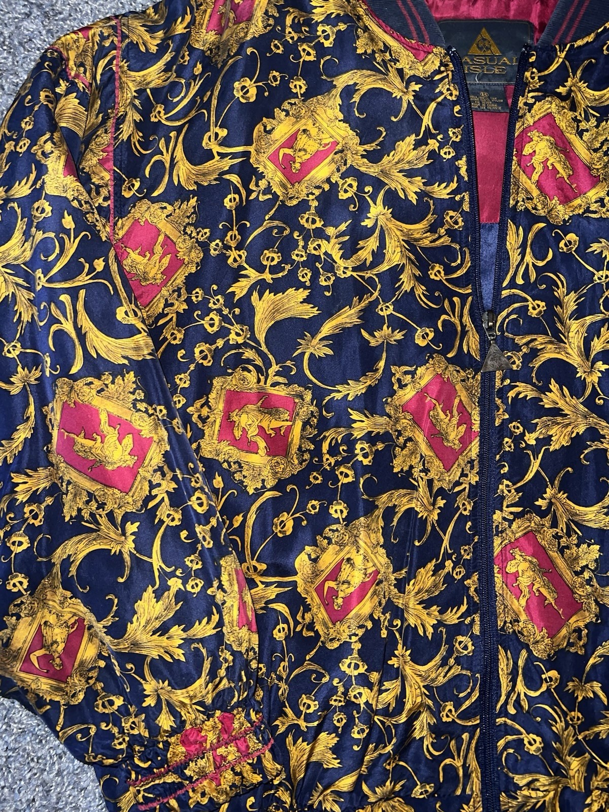 VTG 80s 100% Silk Bomber Jacket Abstract Baroque Print M Casual Isle Full Zip Up