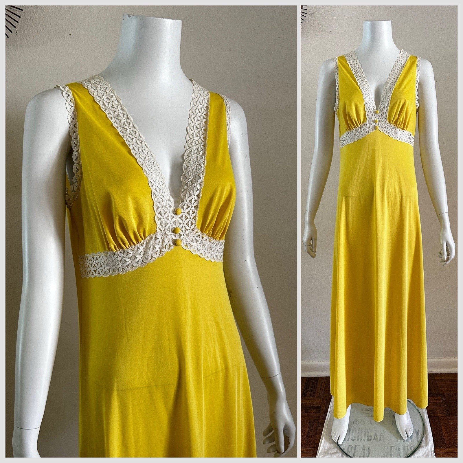 1970s Vanity Fair Yellow Maxi Slip Gown Daisy Lace Boho Loungewear Nylon 34 VTG