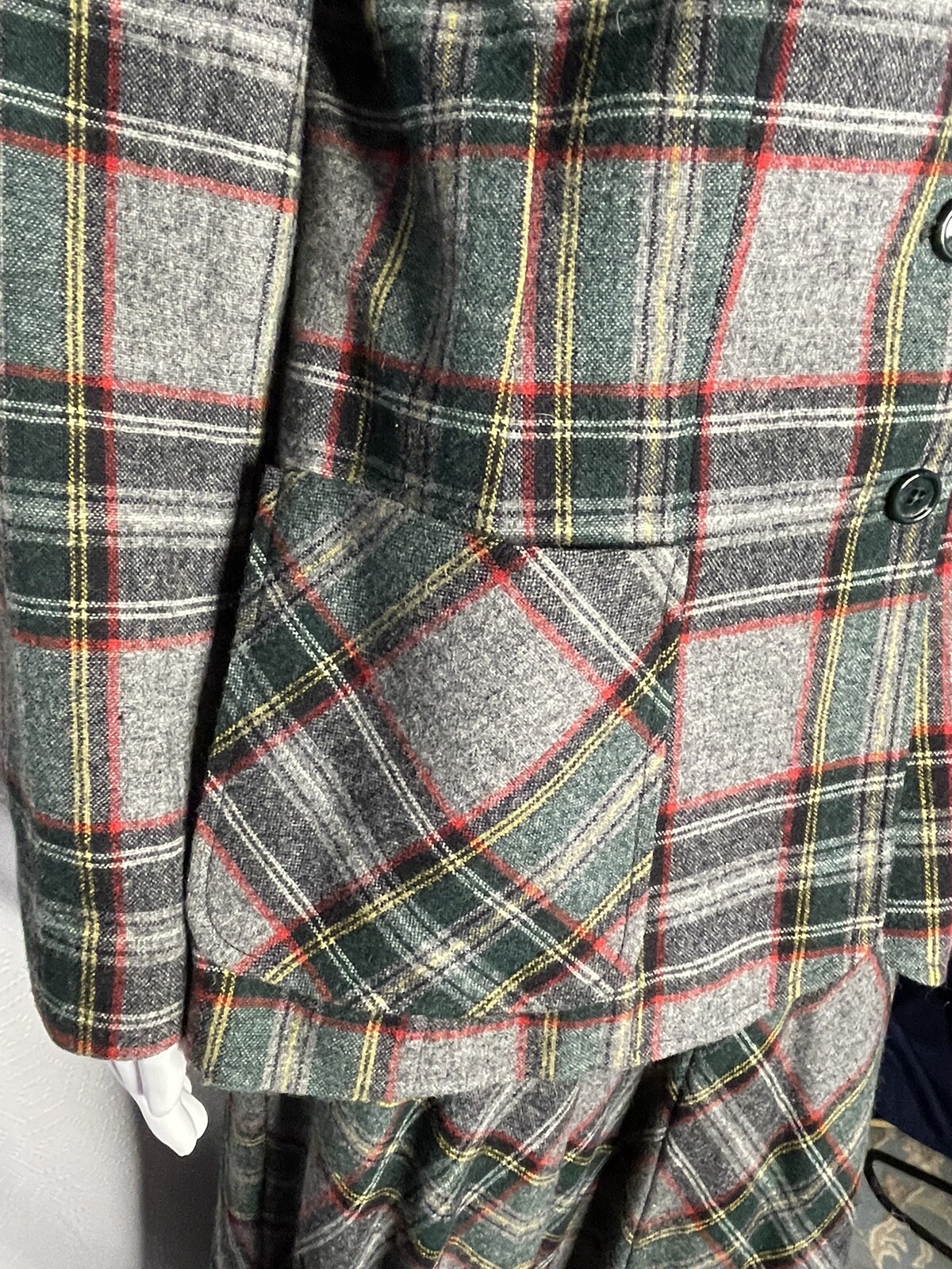 Vintage 70s Maxi Skirt Blazer Suit Wool Plaid 9/10 Wide Lapels Gray Green Red JH