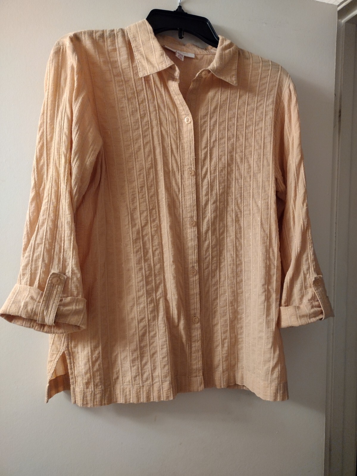 WM’S VTG Gold ShimmerWoven Crinkle Blouse Lg Sleeve Button Up Sz6 JM COLLECTION