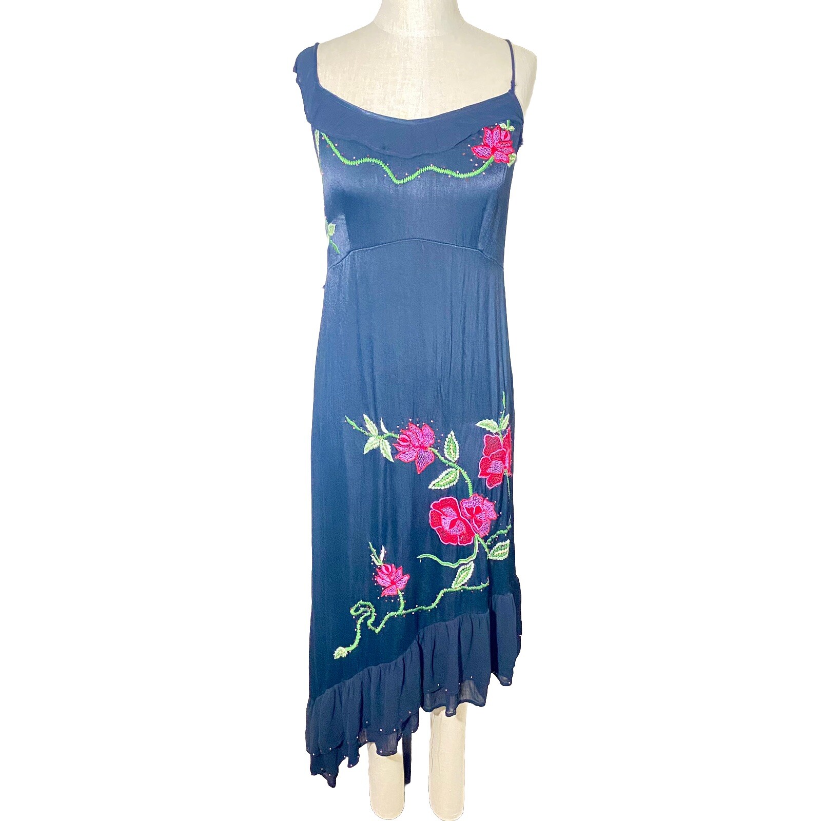 Vtg 90’s Papillon Embroidered Satin Asymmetrical Hemline Midi Med