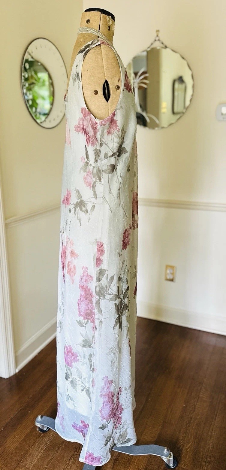 Vintage 90s Pastel Watercolor Floral Maxi Dress Green Purple Lilacs Slinky Sz M