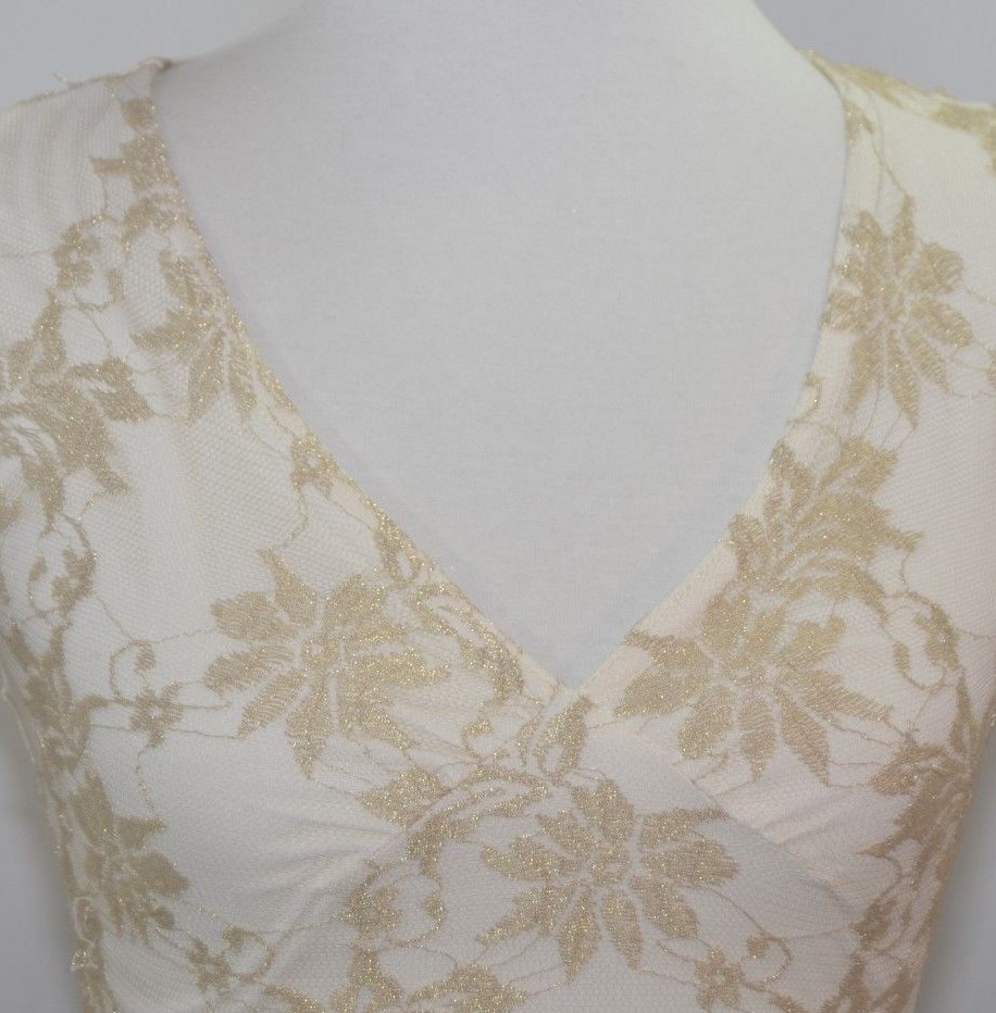 VTG 80s Wrapper Ivory Gold Lace Lined Fitted Sexy Top Women M USA Made