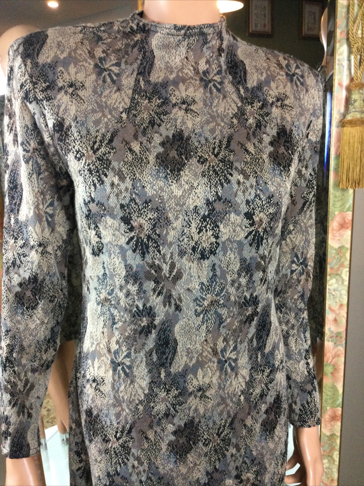 Vintage 80s Sweater Knit Brown Grey Padded Shoulder Dress Bodycon L/S Sz 11