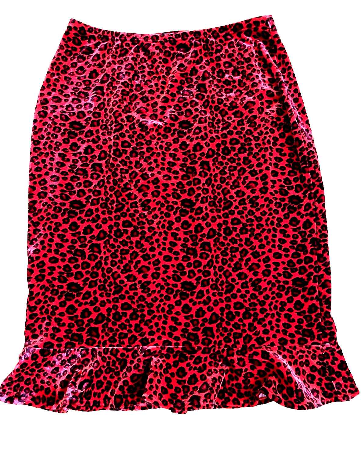 Vintage 90s Sans Souci Leopard Red Velvet Skirt M Goth Punk Ruffle Hem Stretch