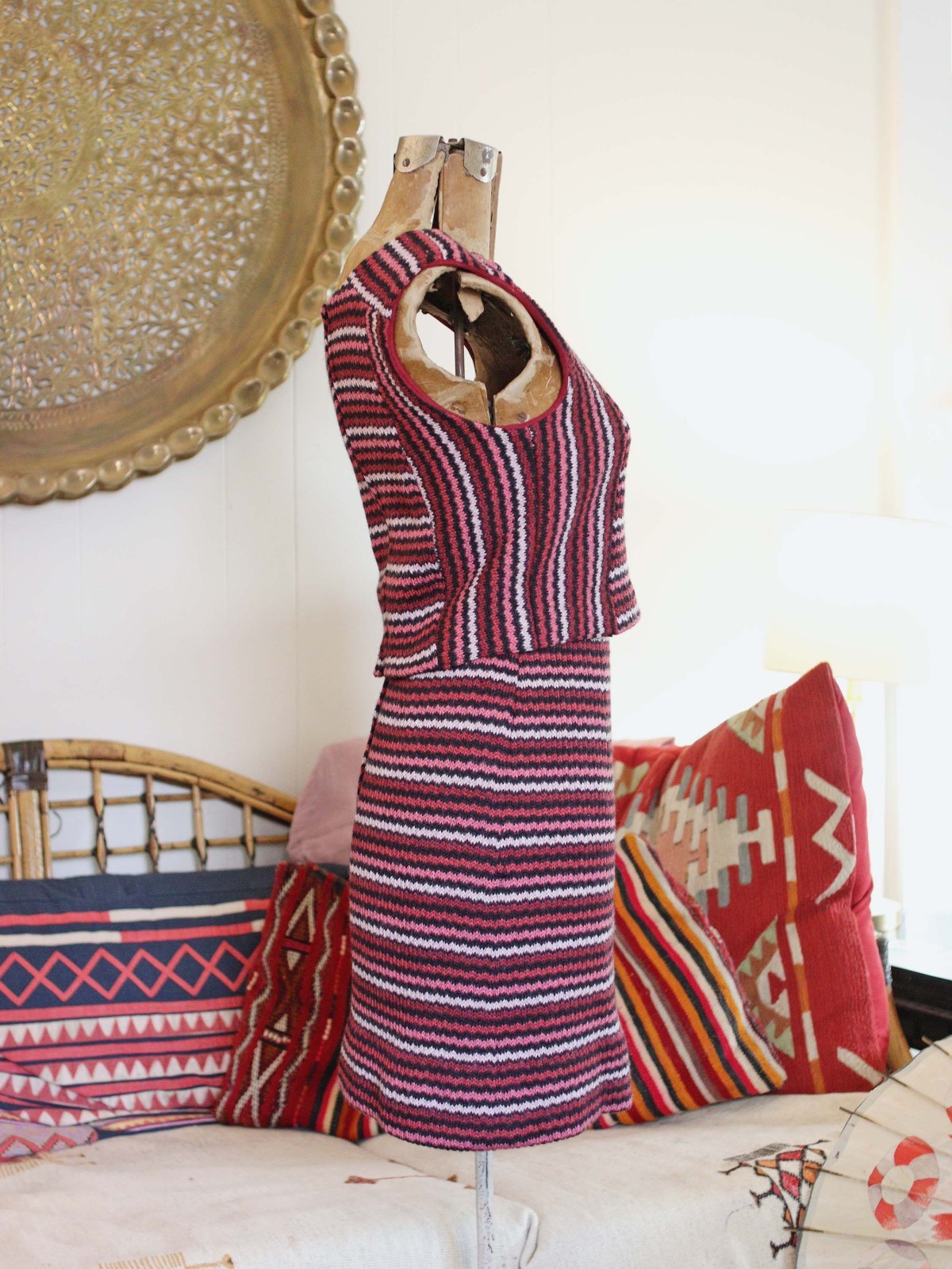 Vtg 1960s Retro Knit Striped Mini Skirt Sleeveless Crop Top Set Mod Mid Cenurty