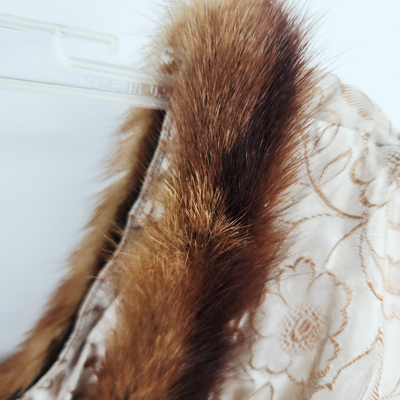1950 BROCADE CHAMPAGNE FLORAL HI LOW GOWN MINK FUR COLLAR TAUPE GOLD DRESS XS-S