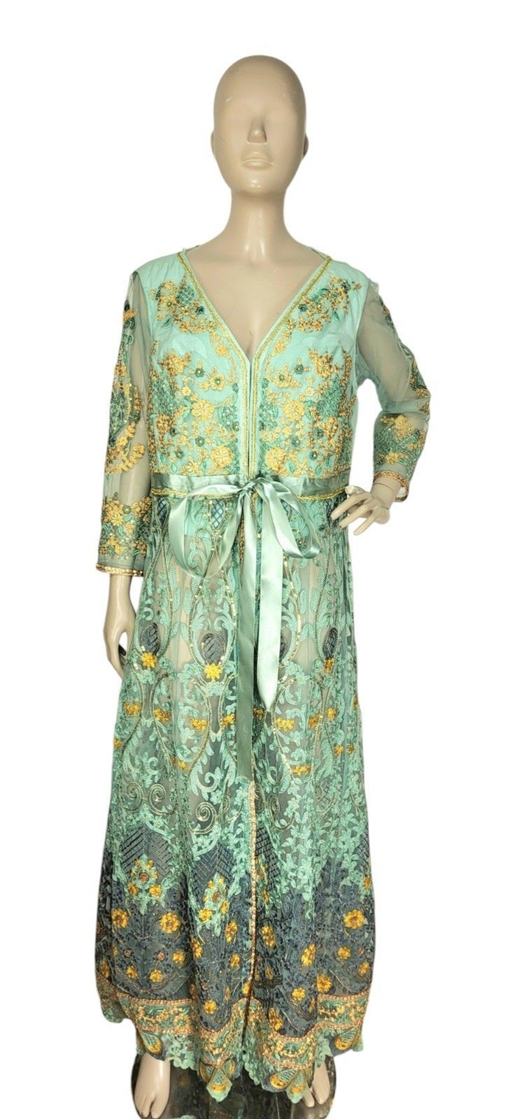 VTG Lace Tulle Metallic Gold Embroidered Bead Embellished Duster Belted Jacket