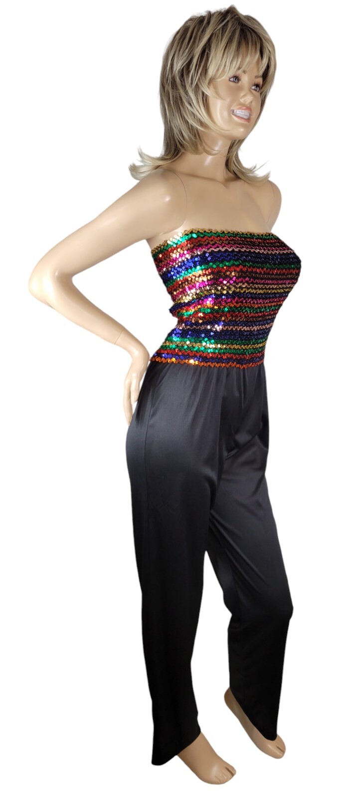 Vintage 70s JC Penney Fashions Rainbow Sequin Disco Halter Jumper Jumpsuit 13/14